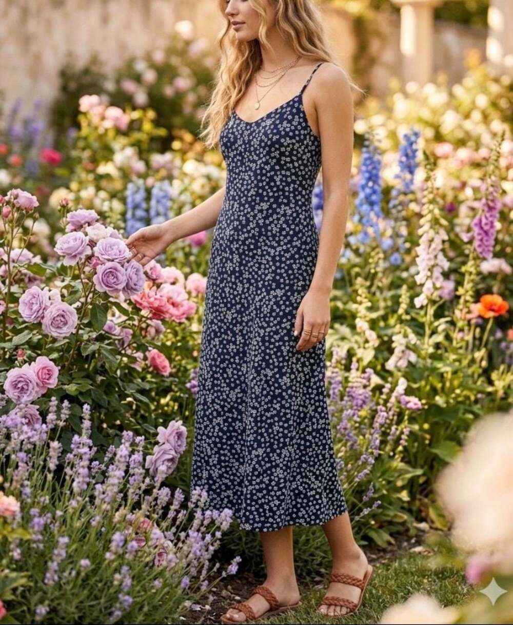 LOFT Navy Blue Floral Print Midi Cami Dress Size 2